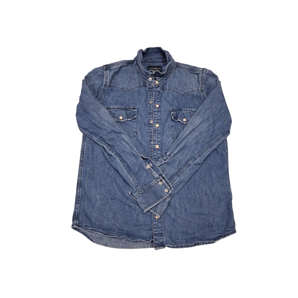 Lucky Brand True Indigo Blue Denim Western Pearl Snap Shirt Small Mens